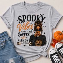 Load image into Gallery viewer, Spooky Vibes Halloween graphic crewneck T-shirt featuring coffee, candy, pumpkins and leopard print
