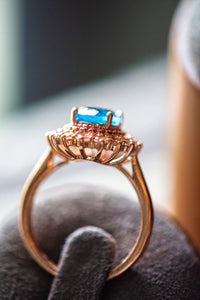 Navy Sapphire Blue Halo Rose Gold Ring