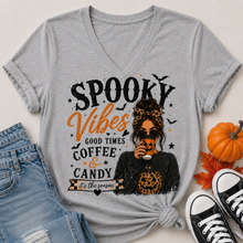 Load image into Gallery viewer, Grey Spooky Vibes Halloween graphic tee with coffee, pumpkin, bats and leopard print details.

