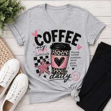 Load image into Gallery viewer, Coffee My Love Language graphic V-neck tee with pink and leopard print coffee cup design
