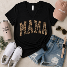 Load image into Gallery viewer, Julia Rose Mama Leopard apparel featuring a leopard-print MAMA graphic, available as a crewneck, V-neck, long-sleeve T-shirt and hoodie.

