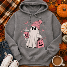 Load image into Gallery viewer, Julia Rose Pink Ghost Halloween apparel available as a crewneck T-shirt, V-neck T-shirt, long-sleeve shirt and hoodie in sizes S–3XL.
