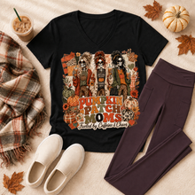 Load image into Gallery viewer, Pumpkin Patch Moms apparel with three skeleton moms, pumpkins and the phrase Fueled by Caffeine and Chaos, available in sizes S–3XL.

