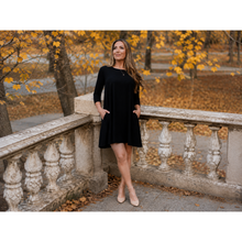 Load image into Gallery viewer, Ready to Ship | The Olivia - Black Swing Dress with 3/4 Sleeves
