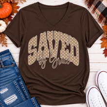 Load image into Gallery viewer, Saved by Grace faith graphic apparel with polka dot lettering, available in brown, navy and black V-neck, long sleeve, crewneck and hoodie styles.
