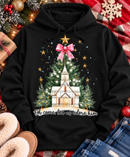 Load image into Gallery viewer, Oh Come Let Us Adore Him Christian Christmas graphic apparel with church, Christmas trees, stars and pink bow
