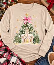 Load image into Gallery viewer, Oh Come Let Us Adore Him Christian Christmas graphic apparel with church, Christmas trees, stars and pink bow
