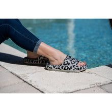 Load image into Gallery viewer, Gray leopard-print beach slides with a bold spotted pattern and easy slip-on design.
