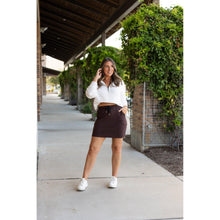 Load image into Gallery viewer, Julia Rose Bridget Brown Jogger Skirt women’s boutique midi skirt front view, Woman wearing Julia Rose Bridget jogger style brown skirt
