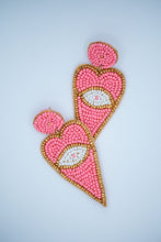 Load image into Gallery viewer, Heart Evil Eye Seed Bead Earrings in Pink
