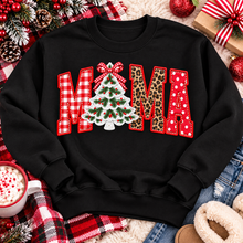 Load image into Gallery viewer, Festive MAMA Christmas graphic apparel featuring bold red gingham, leopard print and red polka dot lettering with a decorated Christmas tree and gingham bow replacing the first A, available in black and red in short sleeve crewneck, V-neck, long sleeve crewneck sweatshirt and hoodie styles.
