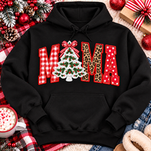 Load image into Gallery viewer, Festive MAMA Christmas graphic apparel featuring bold red gingham, leopard print and red polka dot lettering with a decorated Christmas tree and gingham bow replacing the first A, available in black and red in short sleeve crewneck, V-neck, long sleeve crewneck sweatshirt and hoodie styles.
