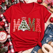 Load image into Gallery viewer, Festive MAMA Christmas graphic apparel featuring bold red gingham, leopard print and red polka dot lettering with a decorated Christmas tree and gingham bow replacing the first A, available in black and red in short sleeve crewneck, V-neck, long sleeve crewneck sweatshirt and hoodie styles.
