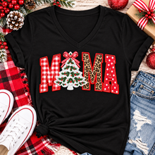 Load image into Gallery viewer, Festive MAMA Christmas graphic apparel featuring bold red gingham, leopard print and red polka dot lettering with a decorated Christmas tree and gingham bow replacing the first A, available in black and red in short sleeve crewneck, V-neck, long sleeve crewneck sweatshirt and hoodie styles.
