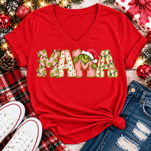Load image into Gallery viewer, Christmas MAMA graphic shirt featuring pink and green patterned lettering, colorful holiday lights, and a Grinch-inspired character wearing a Santa hat.
