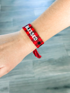 "Blessed" Christmas Red Buffalo Plaid Woven Bracelet