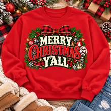 Load image into Gallery viewer, Merry Christmas Y'all graphic apparel featuring vintage red, green, and cream lettering with a festive buffalo plaid bow, Christmas ornaments, pine greenery, and rustic holiday decorations. Southern Christmas graphic available in two colors and four styles, including short sleeve crewneck, V-neck, long sleeve, and hoodie.
