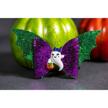 Load image into Gallery viewer, Julia Rose Halloween sequin hair bow, Sparkly Halloween hair bow close-up
