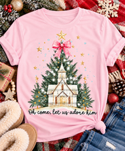 Load image into Gallery viewer, Oh Come Let Us Adore Him Christian Christmas graphic apparel with church, Christmas trees, stars and pink bow
