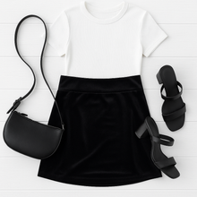 Load image into Gallery viewer, Women’s holiday velvet skirt with elastic waistband, velvet skirt styled for Christmas outfits.
