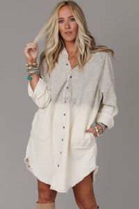 Gray Gradient Long Sleeve Button Up Raw Hem Denim Dress