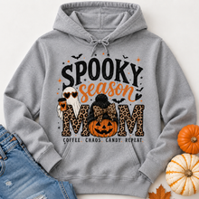 Load image into Gallery viewer, Spooky Season Mom Halloween graphic hoodie with leopard print, ghost, pumpkin and coffee design
