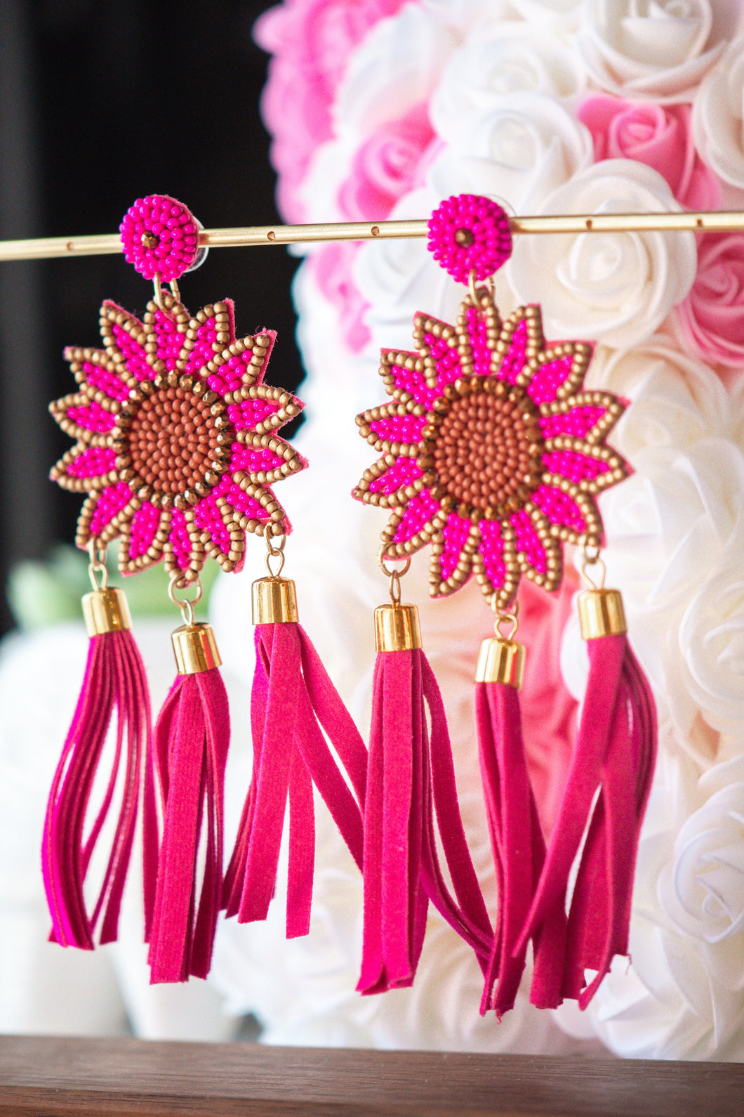 Pink Sunflower Seed Bead Post Earrings