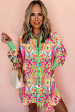 Load image into Gallery viewer, Orange Western Geometric Print Cuffed Shift Shirt Dress
