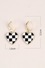 Load image into Gallery viewer, Heart-shaped checkered earrings with gold hooks on a light pink background
