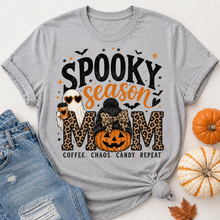 Load image into Gallery viewer, Spooky Season Mom Halloween graphic V-neck tee with leopard print, ghost, pumpkin and coffee design
