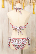 Load image into Gallery viewer, Red Floral Halter O-Ring Backless Knot Bikini Set
