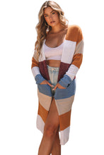 Load image into Gallery viewer, Rose Red Colorblock Open Front Long Knit Cardigan
