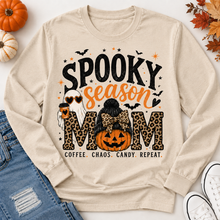 Load image into Gallery viewer, Spooky Season Mom Halloween graphic long sleeve crewneck tee with leopard print, ghost, pumpkin and coffee design
