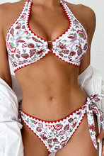 Load image into Gallery viewer, Red Floral Halter O-Ring Backless Knot Bikini Set
