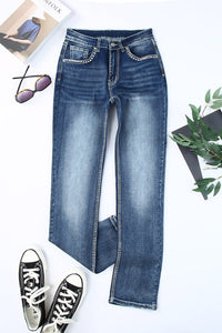 Sky Blue Embroidered Cow Straight Leg Jeans