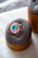 Load image into Gallery viewer, Navy Sapphire Blue Halo Rose Gold Ring
