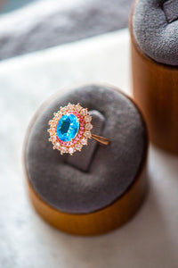 Navy Sapphire Blue Halo Rose Gold Ring