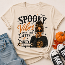 Load image into Gallery viewer, Cream Spooky Vibes Halloween graphic tee with coffee, pumpkin, bats and leopard print details.

