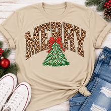 Load image into Gallery viewer, MERRY leopard print Christmas tree graphic apparel for women in black, red and beige
