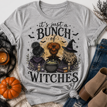 Load image into Gallery viewer, Gray It’s Just a Bunch of Witches Halloween graphic tee featuring three witches, cauldron, bats and spooky details.
