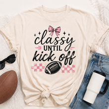 Load image into Gallery viewer, Classy Until Kick Off graphic crewneck tee with pink bow, football and pink checkerboard design
