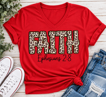 Load image into Gallery viewer, FAITH Ephesians 2:8 leopard print Christian graphic apparel for women in beige and red
