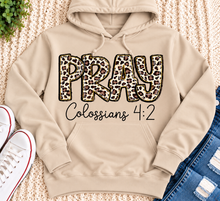 Load image into Gallery viewer, PRAY Colossians 4:2 leopard print Christian graphic shirt available in short sleeve crewneck, V-neck, long sleeve and hoodie styles.
