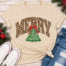 Load image into Gallery viewer, MERRY leopard print Christmas tree graphic apparel for women in black, red and beige
