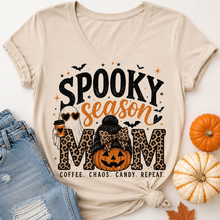 Load image into Gallery viewer, Spooky Season Mom Halloween graphic crewneck tee with leopard print, ghost, pumpkin and coffee design

