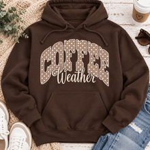 Load image into Gallery viewer, Coffee Weather polka dot graphic shirt available in brown and beige V-neck, crewneck tee, long sleeve tee and hoodie styles.
