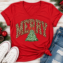 Load image into Gallery viewer, MERRY leopard print Christmas tree graphic apparel for women in black, red and beige
