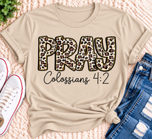 Load image into Gallery viewer, PRAY Colossians 4:2 leopard print Christian graphic shirt available in short sleeve crewneck, V-neck, long sleeve and hoodie styles.
