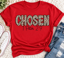 Load image into Gallery viewer, CHOSEN 1 Peter 2:9 leopard print Christian graphic apparel for women in red and beige
