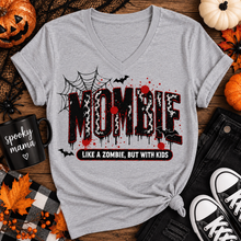 Load image into Gallery viewer, Gray V-neck Mombie Halloween mom graphic tee featuring black and red spooky design
